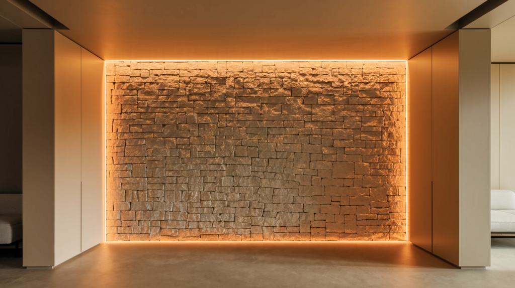 A high-quality, photorealistic image of an interior accent wall made with thin stone veneer, highlighting its versatility and sleek appearance in a contemporary home."