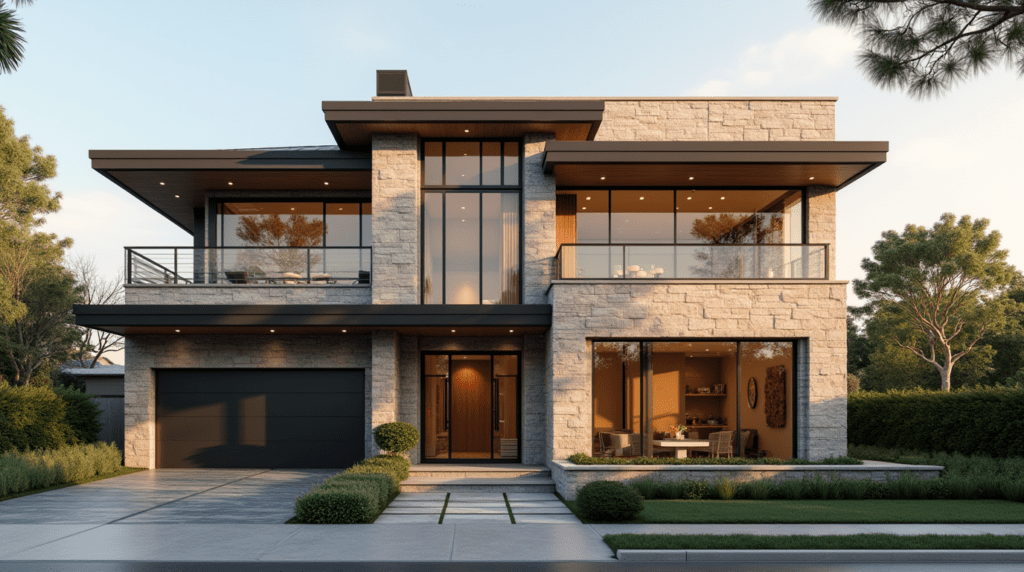 Contemporary house featuring architectural stone cladding in beige and gray tones.