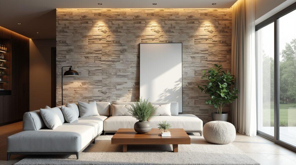 Modern living room with a natural stone veneer sheets accent wall in warm earth tones, cozy gray sofa, and stylish decor