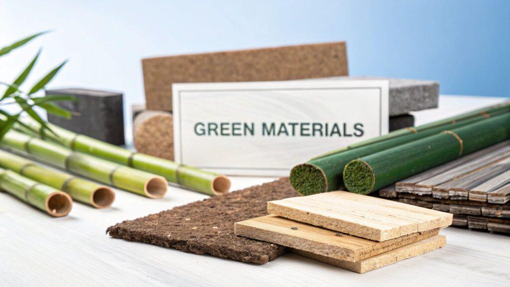 Various eco-friendly construction materials including bamboo, cork, and recycled wood for sustainable interior and exterior design applications.