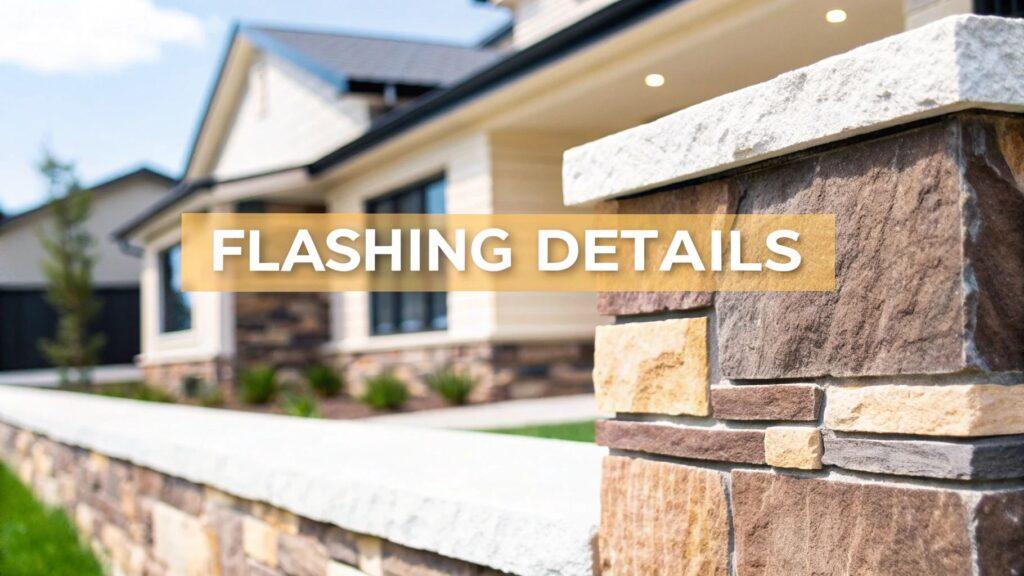 Rustic stone veneer on an exterior column, showcasing a blend of brown, tan, and gray hues for a textured facade that enhances curb appeal.