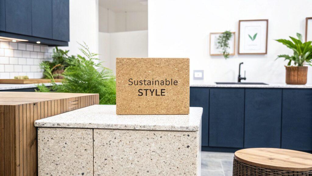 Speckled stone veneer on kitchen countertops and cabinets, showcasing a modern and durable material for interior design applications.