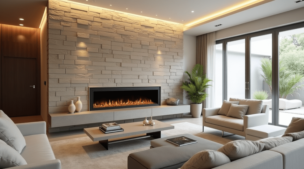 Luxury living room with floor-to-ceiling natural stone accent wall featuring a modern linear fireplace, interior stone cladding, neutral furniture, and large glass doors opening to an outdoor space.