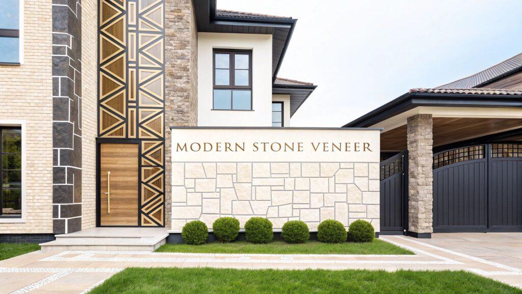 Tan stone veneer on an exterior wall, showcasing a unique pattern, adds a touch of modern elegance to this residential facade design.