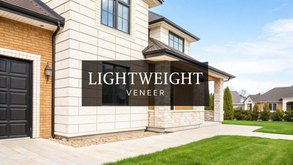 Modern home exterior showcasing light-colored stone veneer on the facade, providing a durable and attractive architectural surface material for walls.