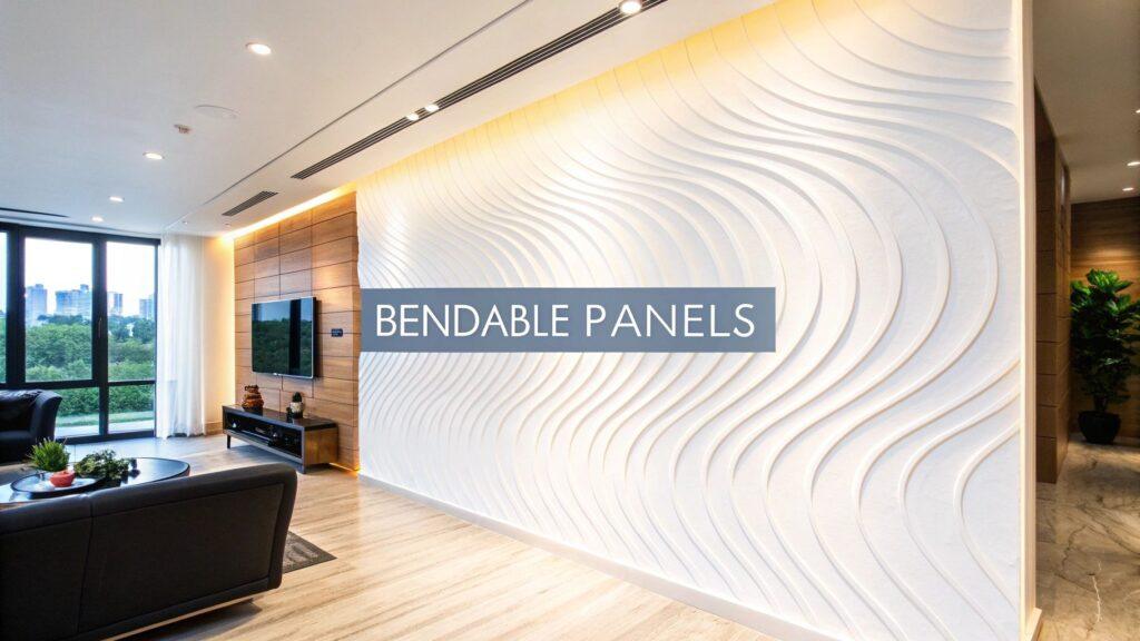 Modern interior featuring white flexible stone tile with a wavy, sculptural texture applied as a decorative feature wall, enhancing the living space.