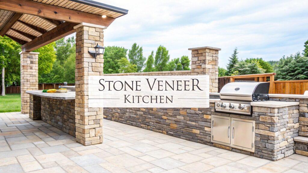 Tan and gray stone veneer on an outdoor kitchen island and surrounding walls creates a durable and attractive surface for residential landscaping.