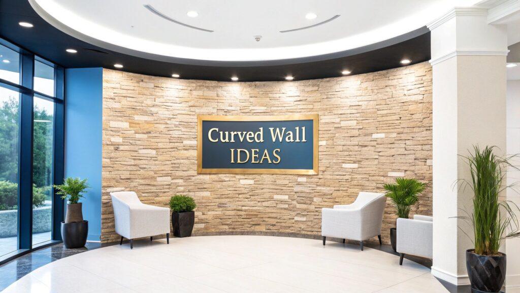 Tan stone veneer on a curved interior wall provides a textured stacked stone look for a modern commercial space waiting area with seating and plants.