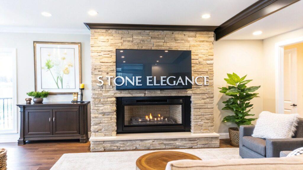 Tan stone veneer on a modern fireplace, creating a feature wall in a residential living room, with a recessed TV and dark wood accents.
