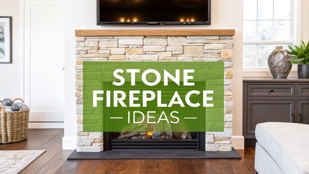 Tan stone veneer creates a stylish fireplace surround, showcasing a natural stacked stone texture for a modern interior feature wall.