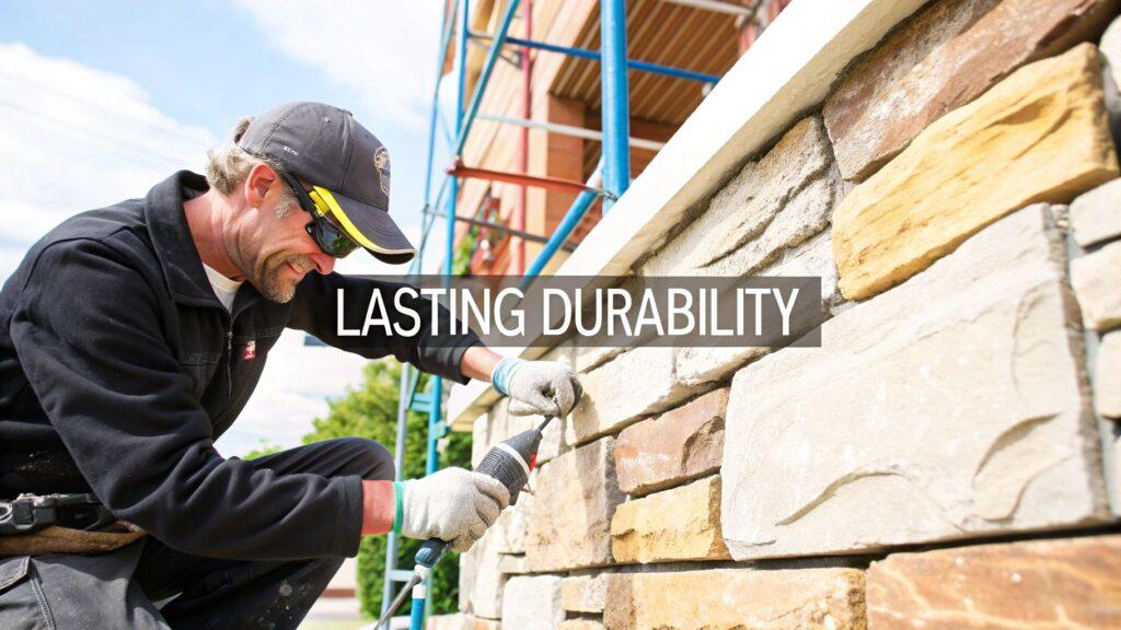 Installing multi-colored stone veneer on an exterior facade, showcasing a durable, textured surface for residential or commercial building design.