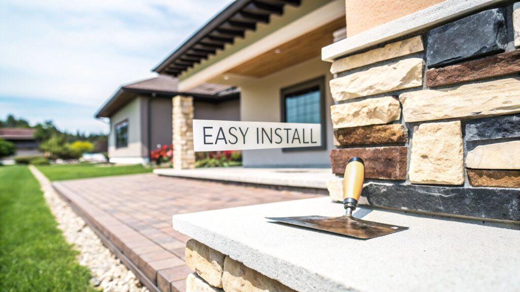 Multi-toned stone veneer on an exterior pillar, showcasing a blend of cream, brown, and dark gray stones for a textured facade application.