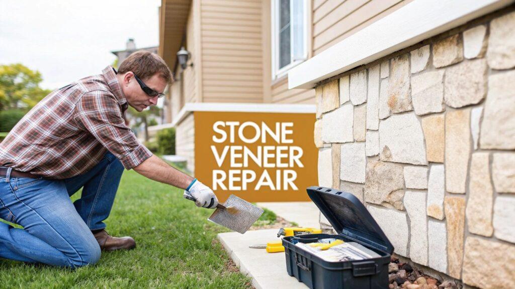 Tan and cream stone veneer being repaired on the exterior facade of a home, showcasing the material's application and natural stone texture.