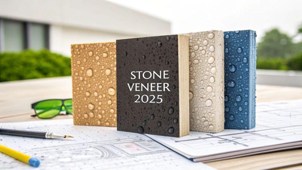 Selection of stone veneer samples in tan, dark gray, light gray, and blue with a textured surface, ideal for a modern interior wall design.