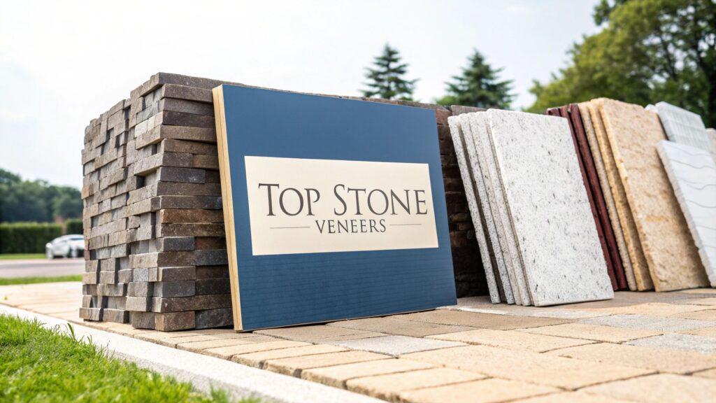 Stacked stone veneer showing a textured, multi-toned appearance, suitable for exterior facades or interior accent walls, alongside various stone panel samples.