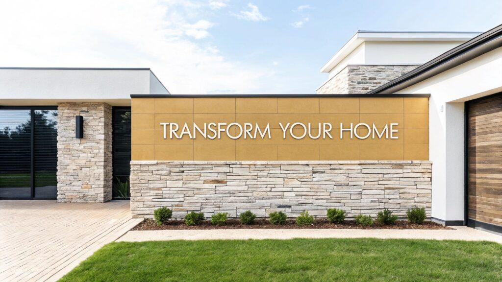 Exterior wall featuring the phrase 'Transform Your Home' in large letters with a stone finish.