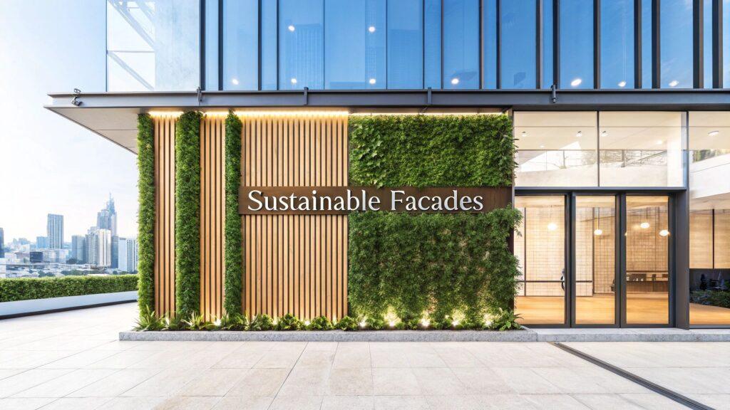 Vertical wood cladding and green wall facade, showcasing a modern and sustainable architectural design for commercial buildings, enhancing exterior aesthetics.