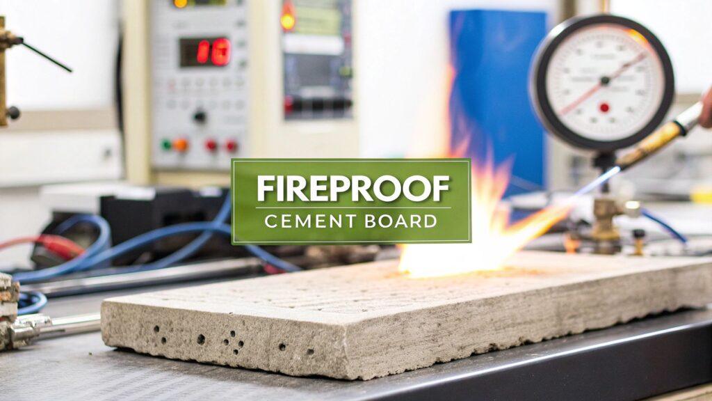 Is Cement Board Fireproof? Find Out with Testing & Standards 2 Fireproof cement board undergoing fire resistance testing, showing its durable composition and suitability for fire-rated interior wall applications.