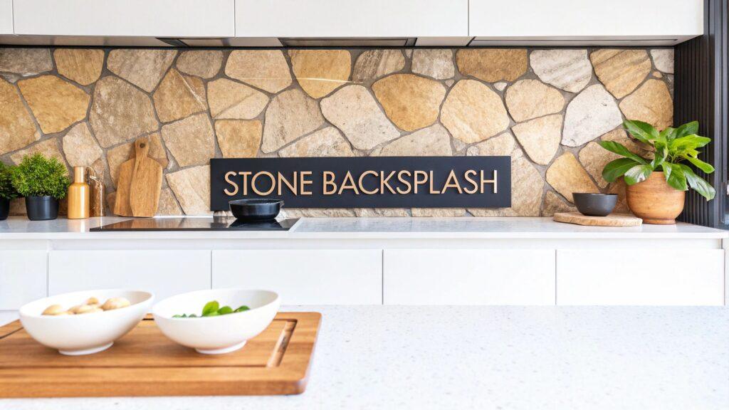 7 Stunning Stone Backsplash Kitchen Ideas to Inspire 9 Rustic stone veneer in warm beige tones creates a natural, textured backsplash for a modern kitchen interior, adding character and style.