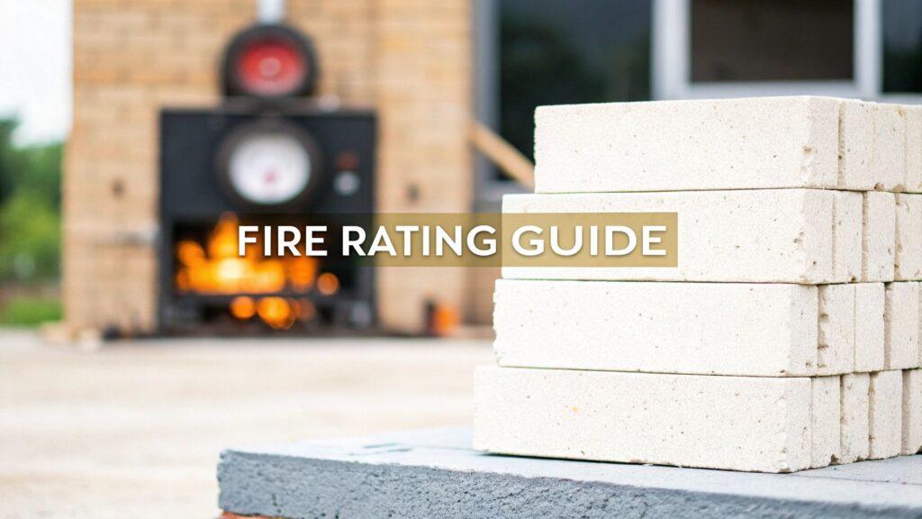 Close-up of stacked light-colored stone veneer bricks, likely for exterior facade or interior wall, with a brick oven in the blurred background.