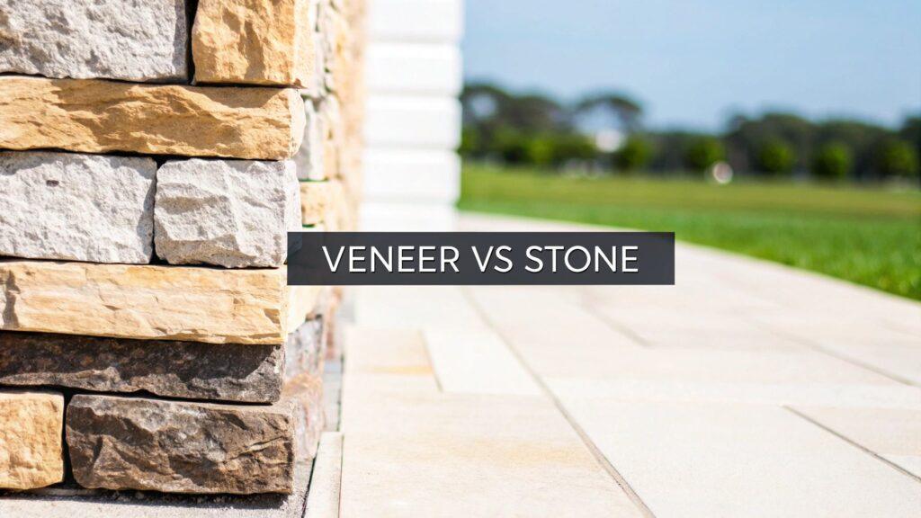 Stone Veneer vs Natural Stone: Which Is Best for Your Project? 5 Multi-toned stone veneer with a rough, textured surface applied to an exterior wall, showcasing a blend of gray, tan, and brown hues for a natural look.