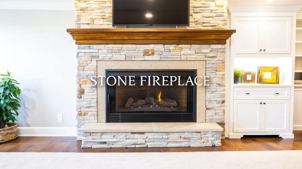 Stunning Stone Around Fireplace Ideas for 2025 3 Stacked stone veneer in a light tan and gray color creates a rustic texture for an interior fireplace surround, enhancing the room's design.