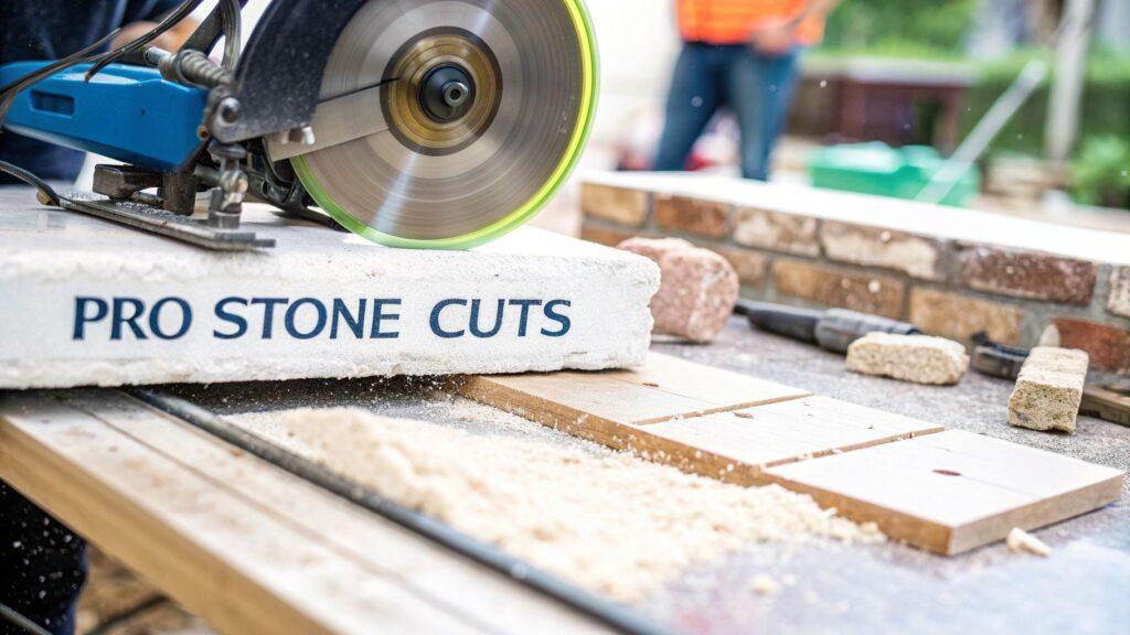Best Way to Cut Stone Veneer: Professional Results Guide 6 A saw cuts through a stone veneer with the words "Pro Stone Cuts" printed on it; used for exterior facade or interior accent walls.