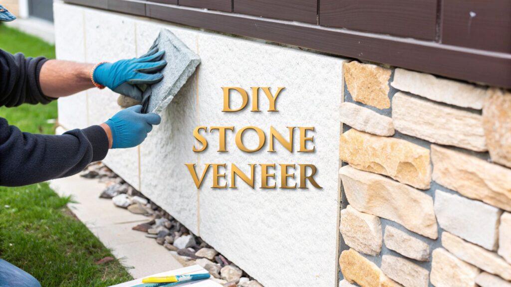 Installing natural stone veneer on an exterior wall; the light gray stone adds a modern touch and durable finish to this residential facade.