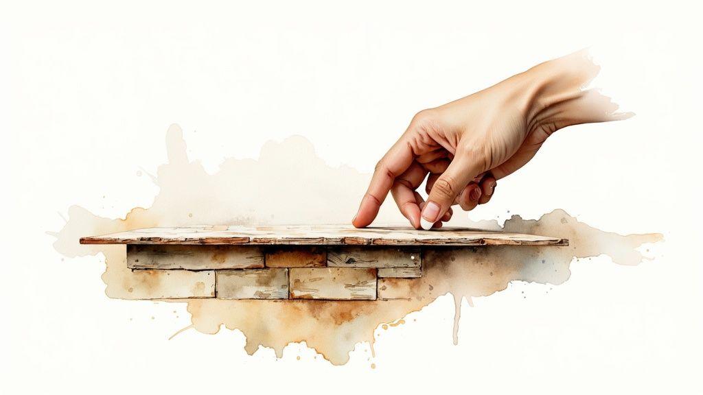 Beige stone veneer on an interior wall, showcasing a textured surface with a hand running over it, suitable for adding a rustic design element.