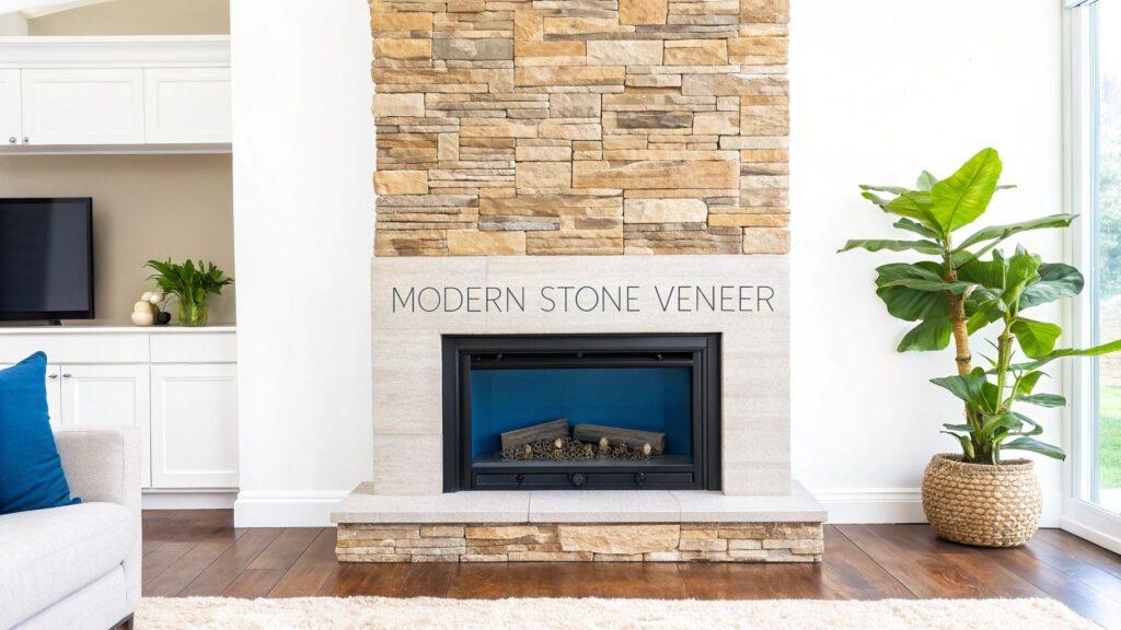 Tan and beige stone veneer in a stacked pattern creates a modern fireplace surround, adding texture and warmth to the interior living room space.