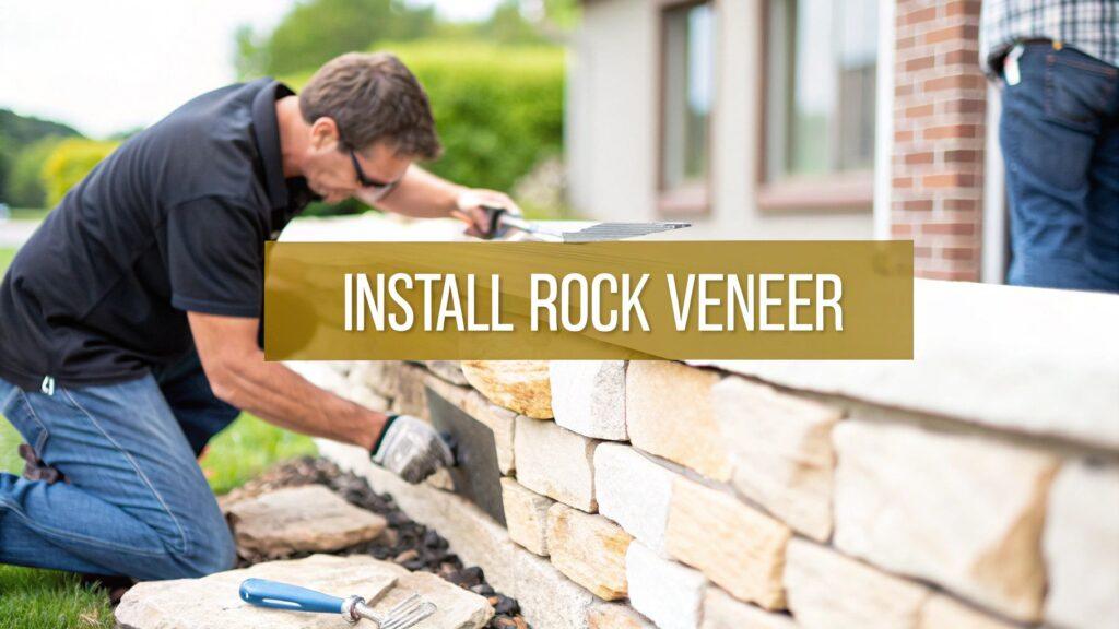 Tan stone veneer being installed on an exterior facade, providing a durable and attractive finish for residential or commercial wall cladding.