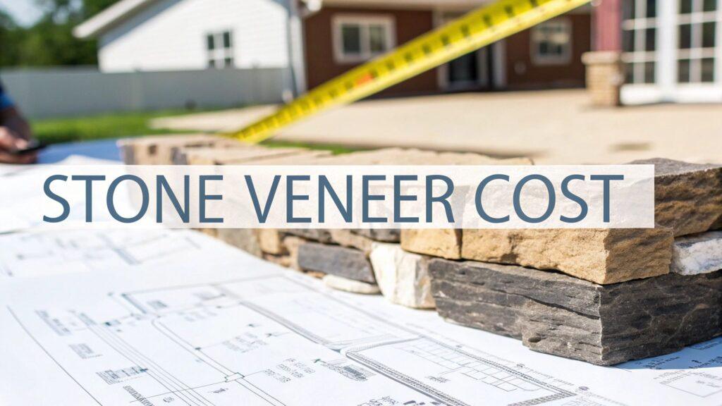Stacked stone veneer sample in varied colors and textures beside architectural plans, ideal for adding a natural stone look to exterior or interior walls.