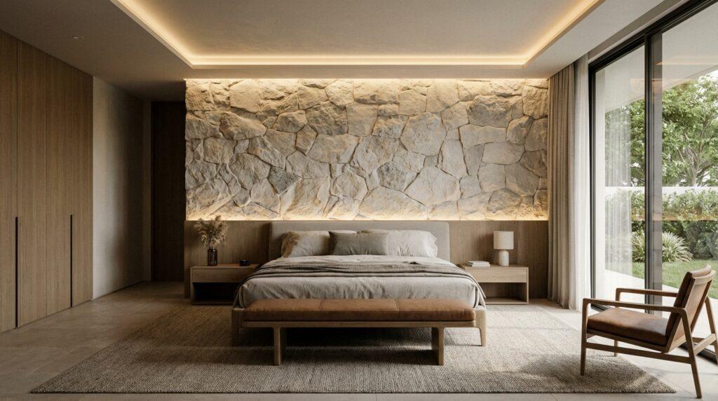 luxury bedroom interior stone cladding accent wall