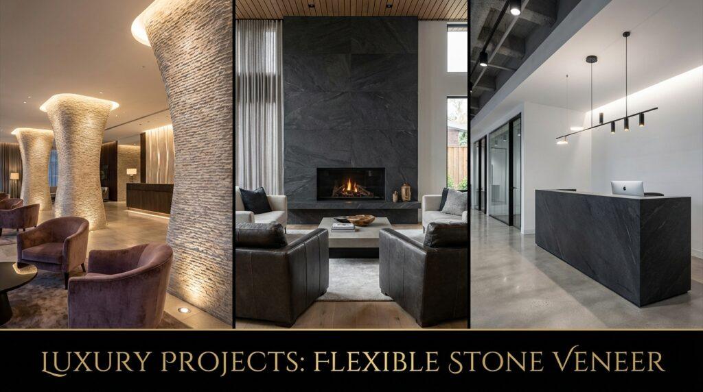 Architectural showcase of luxury hotel, residential, and office projects using flexible stone veneer for 2026 design trends.