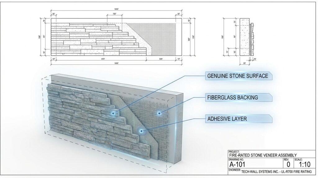 Architectural technical drawing showing the layers of fire-rated flexible stone veneer: natural stone, fiberglass backing, and adhesive.