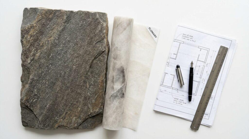 Comparison of traditional natural stone slab vs Flomary flexible stone veneer on a project blueprint.
